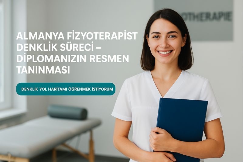 Almanya’da denklik sürecini tamamlamış genç fizyoterapist, modern klinikte diploması tanınmış şekilde güvenle gülümsüyor.