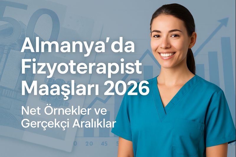 Almanya’da fizyoterapist maaşları 2026 için net örnekler sunan gülümseyen fizyoterapist görseli