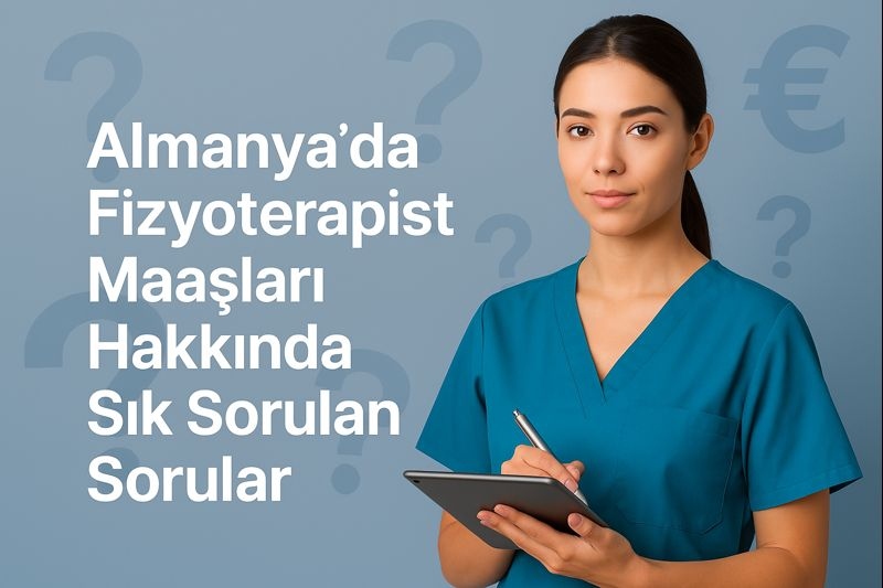 Almanya fizyoterapist maaşları hakkında sık sorulan soruları yanıtlayan fizyoterapist temalı bilgilendirici görsel